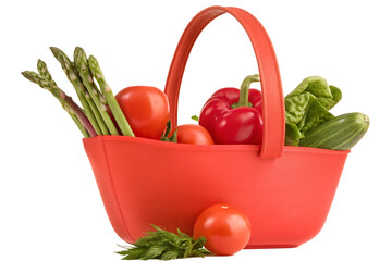 Red Basket Filled with Fresh Asparagus Tomatoes and Bell Pepper vegetables food isolated on a transparent background