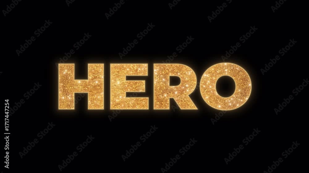 Poster the word hero rendered in a luxurious gold glitter texture with a beautiful shine and sparkle effect