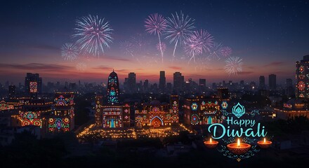 Spectacular diwali celebration with fireworks over city skyline, illuminated buildings, and festive lights creating a magical atmosphere