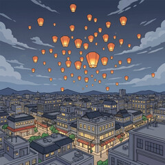 Night cityscape with many sky lanterns floating above a city.