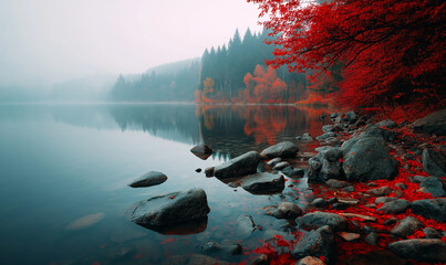 Autumn forest, calm lake with stones and red leaves on the shore, forest in the background