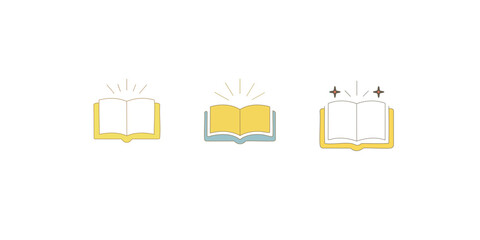 Collection of minimalist vector illustrations depicting open books with glowing knowledge symbols, representing education, learning, wisdom, and discovery through literature
