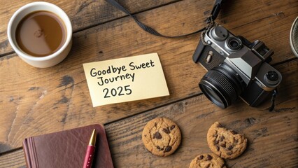 Cozy tabletop scene featuring camera, journal, coffee, cookies, and a note expressing farewell and hope for 2025 journey.