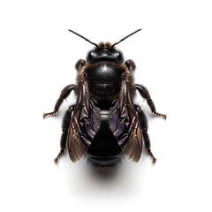 Dramatic close up of a shiny black bee against white shows remarkable detail and texture, perfect for nature studies or scientific illustration