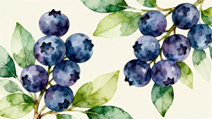 Watercolor illustration of blueberries with green leaves on a light background