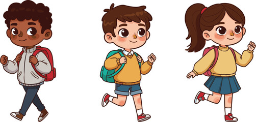 Cartoon school children walking with backpacks, happy kids illustration, cute boy and girl character design, education concept, childhood learning, vector art
