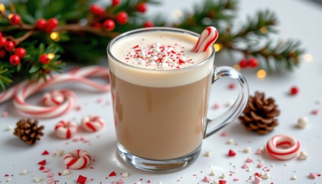 festive peppermint latte served in a double wall glass, topped with festive sprinkles, rendered on pure white with soft clarity.
