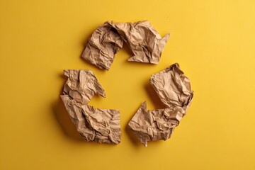 Creative Representation of the Recycling Symbol Using Crumpled Brown Paper on a Bright Yellow Background to Highlight Sustainability and Eco-Friendliness