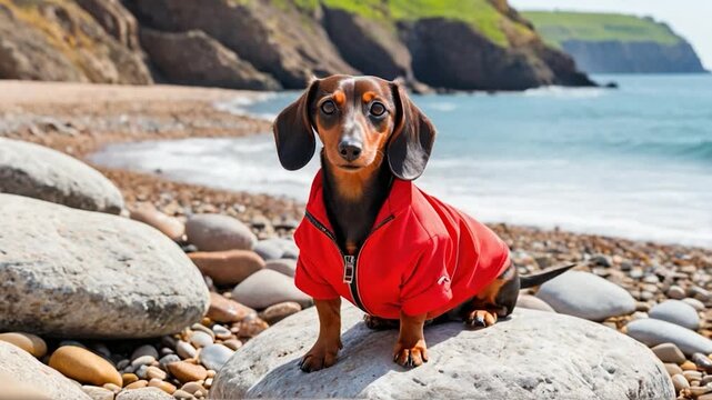 A dog wearing a red jacket sits on a rock