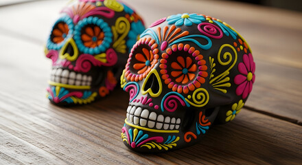 Colorful Decorative Sugar Skulls with Intricate Design Photorealistic Wooden Table Setting