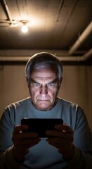 Focused Senior Man Using Smartphone in Basement.
