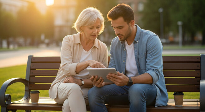 Young man assisting senior woman with digital tablet on park bench. Generational tech learning outdoors during golden hour sunset. - Powered by Adobe