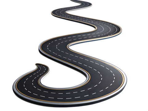 Serpentine Asphalt Road with White and Yellow Lines on Background highway street isolated on a transparent background