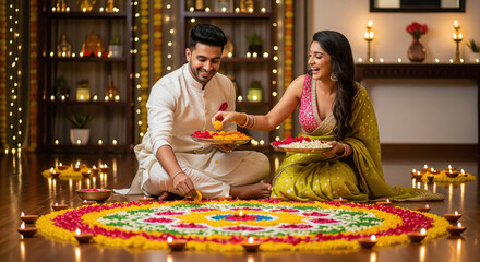 young indian couple celebrating diwali festival at home sitting with decorative rangoli at home