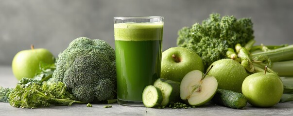 Refreshing Green Juice Surrounded by Fresh Vegetables and Apples for a Healthy Lifestyle Boost