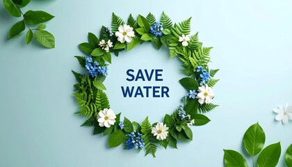 Circle of greenery and flowers, message "Save Water