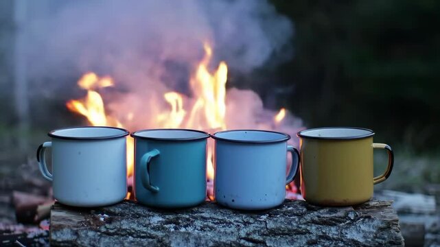 Four colorful mugs sit on log with campfire burning. Cozy outdoor camping lifestyle scene.