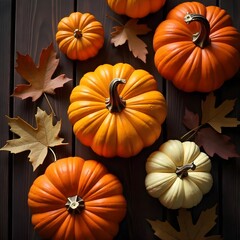 AI generated flat lay top view of thanksgiving pumpkins with rustic autumn leaves