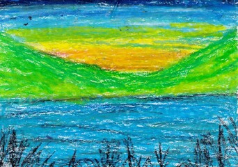 abstract artwork of mountain landscape view using crayons. Mountain scenic view with beautiful sky drawn with crayons in abstract style. 