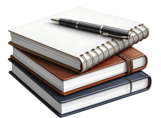 PNG of a stack of notebooks with pen on top, isolated on transparent background