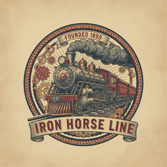 Vintage railroad logo, steam train illustration, bold letters