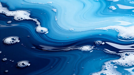 Abstract blue liquid surface with swirling patterns and white foam bubbles