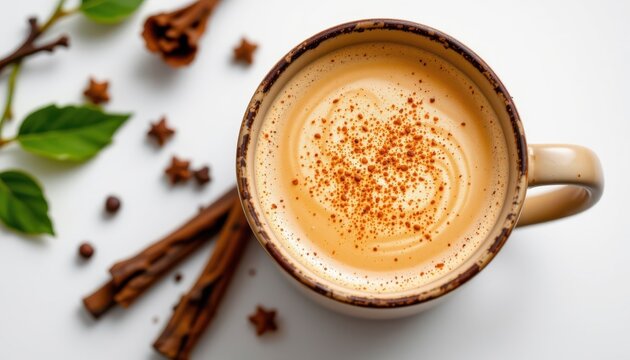 a unique vanilla chai latte presentation with ceramic mug, with a frosted glass effect, high resolution isolate on clean white background.
