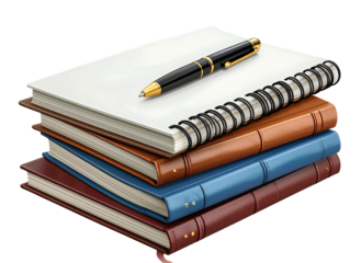 PNG of a stack of notebooks with pen on top, isolated on transparent background