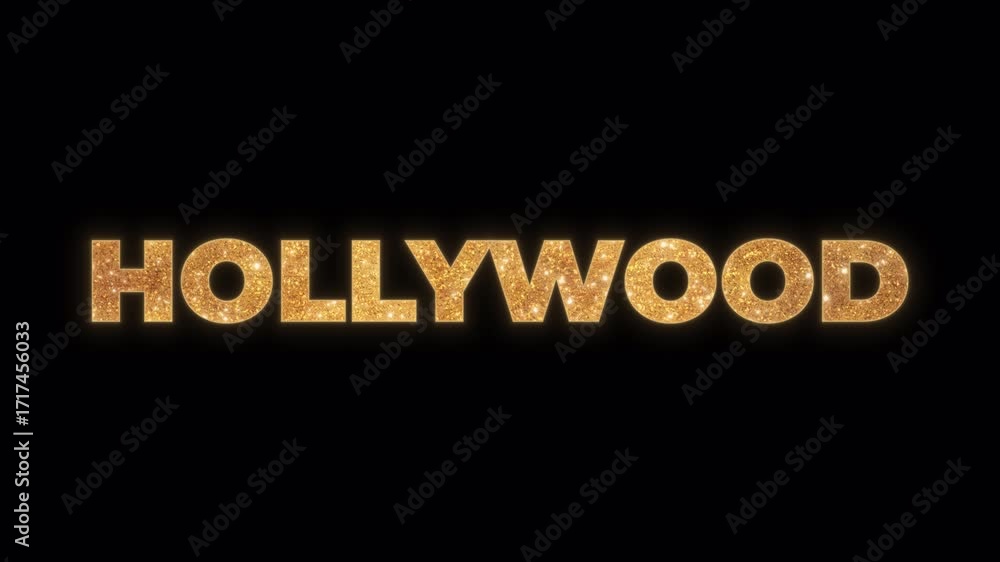 Poster hollywood word in sparkling gold glitter texture with a radiant shine. glamorous cinematic text elem