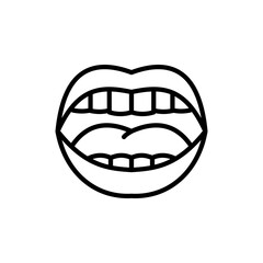 Flat vector line illustration of human mouth with teeth and tongue, isolated anatomy icon for healthcare and dental design