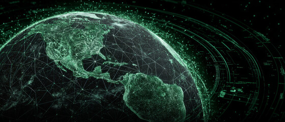 Digital Earth globe with green glowing network grid