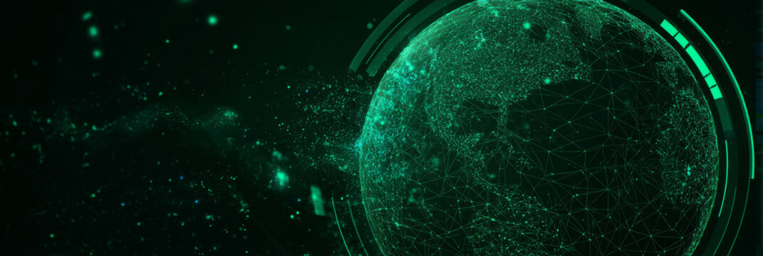 Digital Earth globe with green glowing network grid