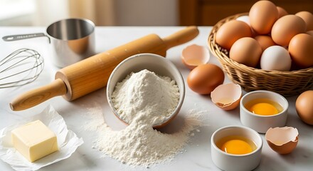 A collection of baking ingredients displayed on a marble countertop, including flour, eggs, and butter.