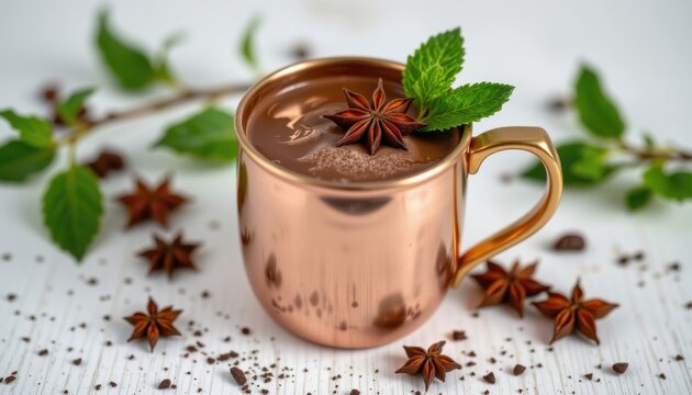 a unique chocolate peppermint shake presentation with copper mug, garnished with star anise, rendered on pure white with soft clarity.