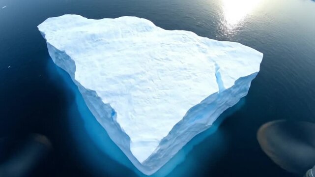 A large flat iceberg floats in dark clear water under sunlight