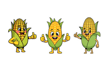 Three Cheerful Corn Cob Mascots Giving Thumbs Up