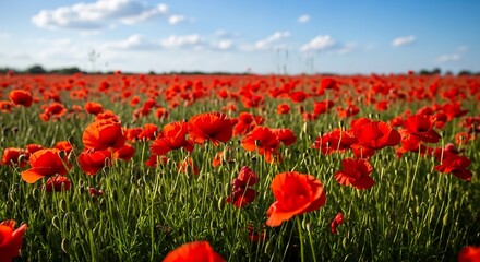 Fototapeta premium Field of vibrant red poppy flowers under a bright blue sky.