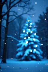 Blurred blue lights, snowy tree silhouette, winter backdrop, silhouette, art, wallpaper