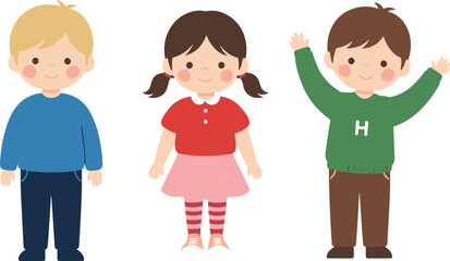 Cute cartoon children standing, happy kids illustration, smiling boy and girl characters, adorable child design, vector flat style, playful children drawing