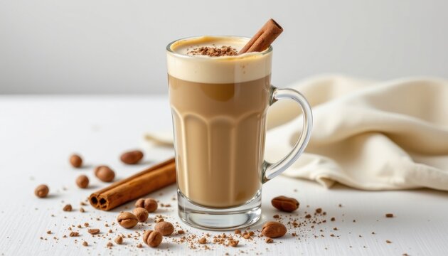 a tall latte glass of hazelnut cappuccino, garnished with cinnamon stick, rendered on pure white with soft clarity.