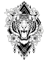 Obraz premium Stylized roaring tiger head with peonies. Detailed vector line art for creative tattoo designs, stencils, and prints