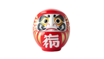 Daruma doll displaying resilience and determination isolated on solid white background Png