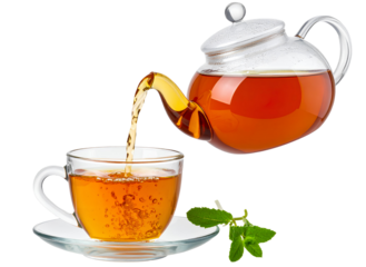 PNG of a teapot pouring tea into a glass cup, isolated on transparent background