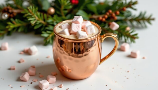 a copper mug of peppermint latte, with marshmallows floating on top, displayed on seamless white background with minimal shadow.