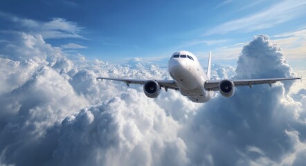 Obraz premium A Stunning Aircraft Flying High Above the Clouds, Capturing the Beauty of Clear Blue Skies and Dramatic Cloud Formations in an Evocative Airborne Scene