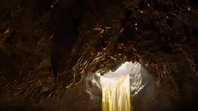 Golden waterfall cascading in a dark cave
