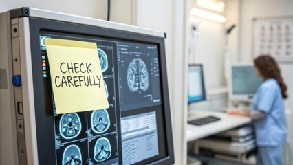 Medical office scene with brain scan images and reminder note for careful examination by healthcare professional in background