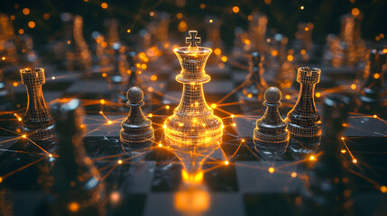 Futuristic chessboard with glowing golden network and digital connections