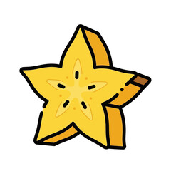 A single yellow star fruit slice with brown edges isolated on white.