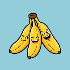 Three cartoon bananas with happy faces against a light blue background.